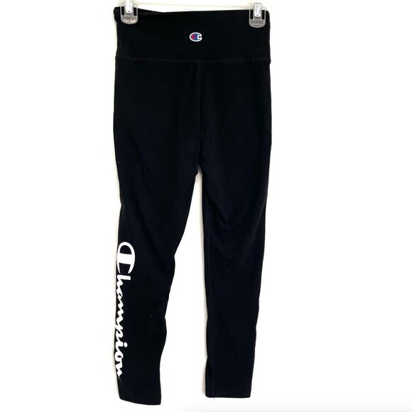 CHAMPION Solid Black Blue Red Yellow Detail White Spellout Logo Cropped Leggings - Picture 7 of 9